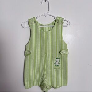 Green Striped Baby Romper with Frog Embroidery